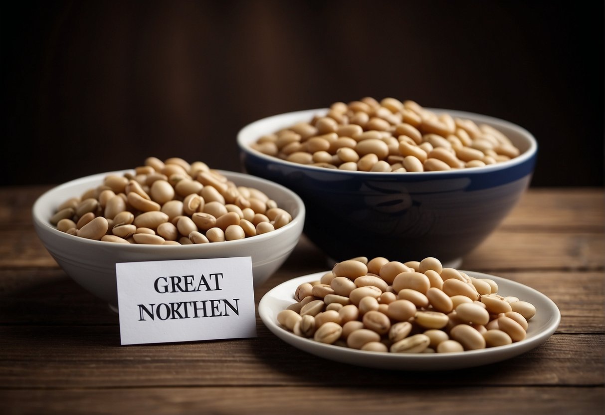 A table with two bowls of beans labeled "Great Northern Beans" and "Navy Beans" with a sign that says "Frequently Asked Questions" above them