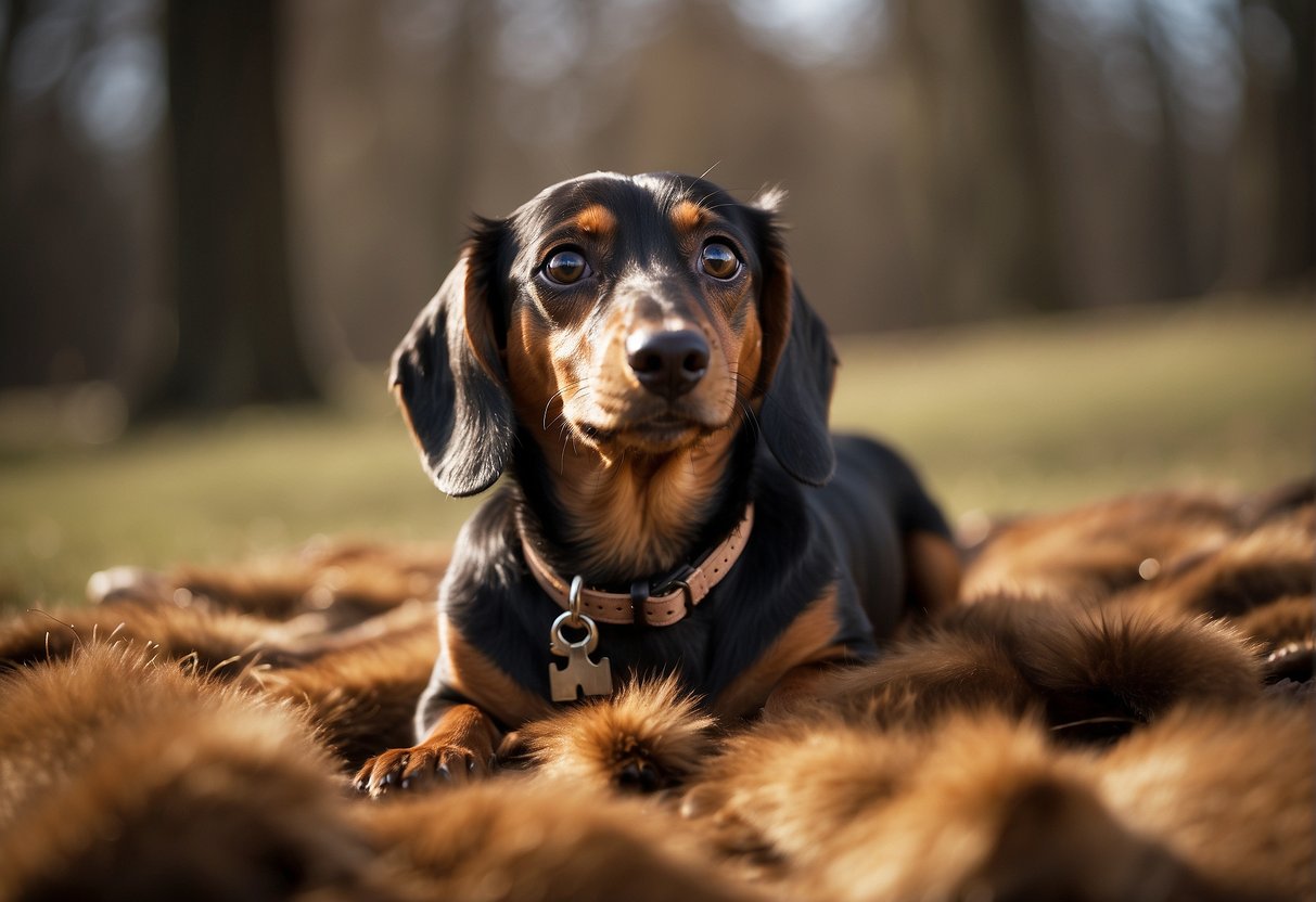 A dachshund surrounded by scattered fur, with a puzzled expression on its face, as if questioning its own shedding