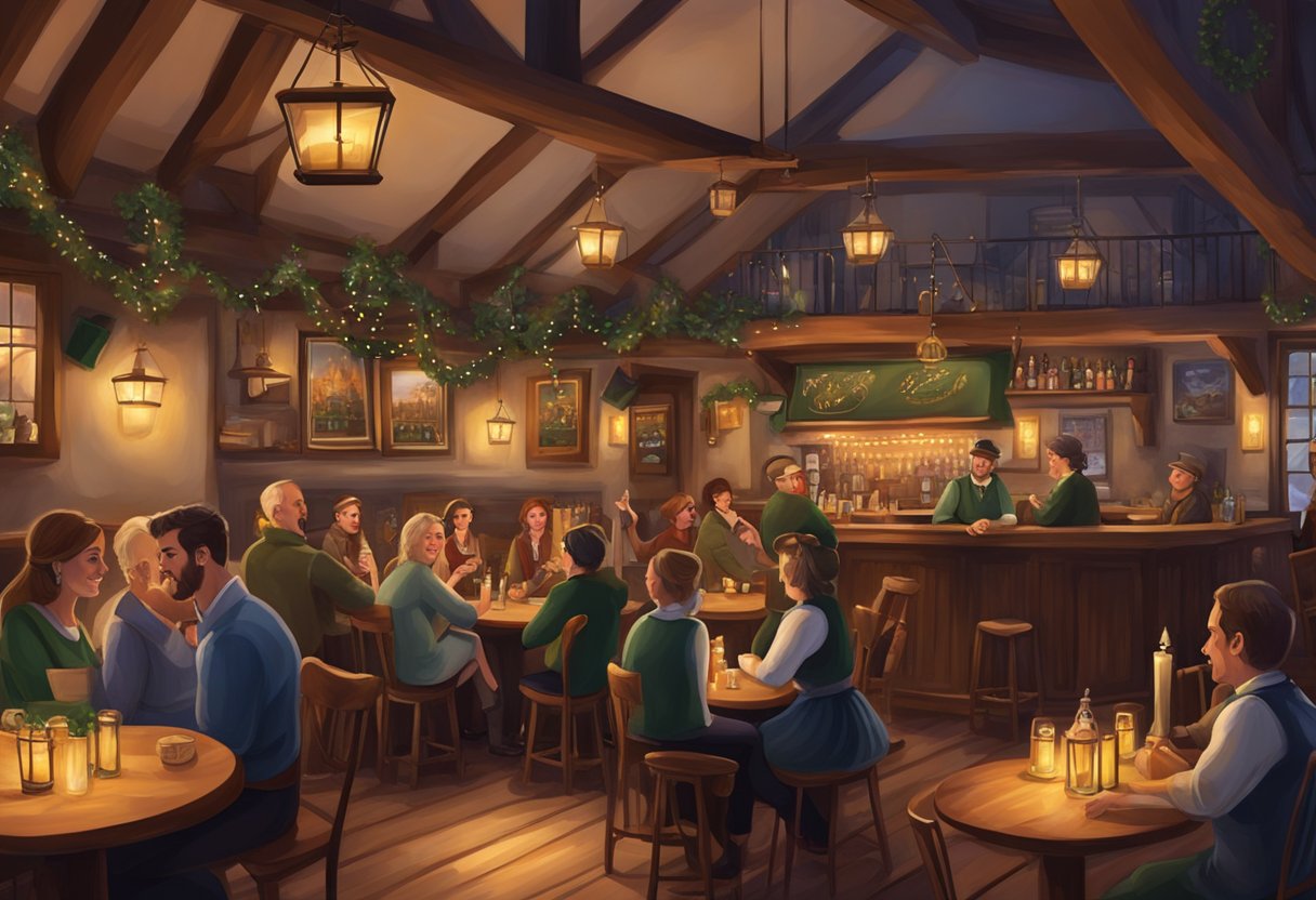 A cozy Irish pub adorned with rustic decor, candlelit tables, and a live traditional music band performing for a joyful crowd celebrating their wedding anniversary