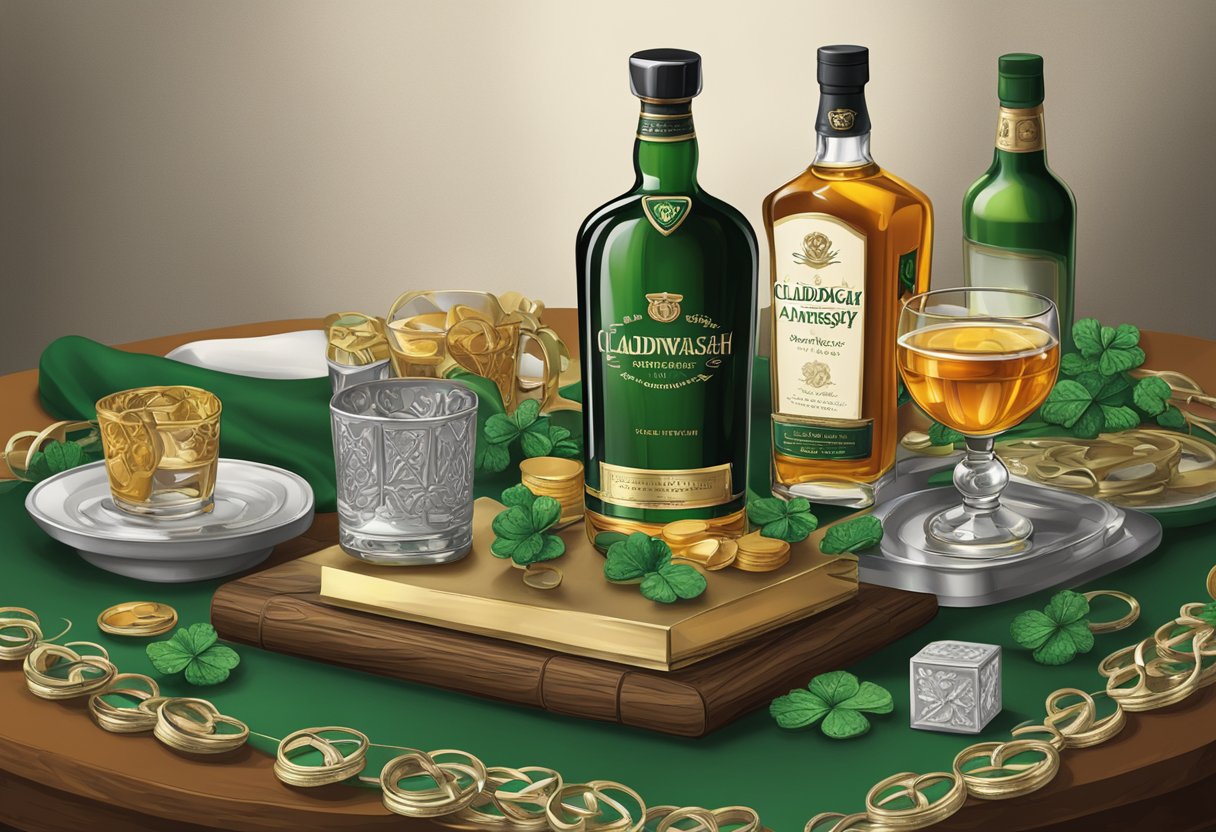 A table set with traditional Irish anniversary gifts for each year, including Claddagh rings, Celtic knot jewelry, and a bottle of Irish whiskey