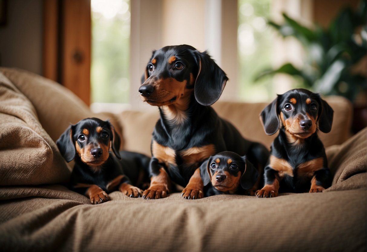 A dachshund with a litter of puppies in a cozy, sunlit den