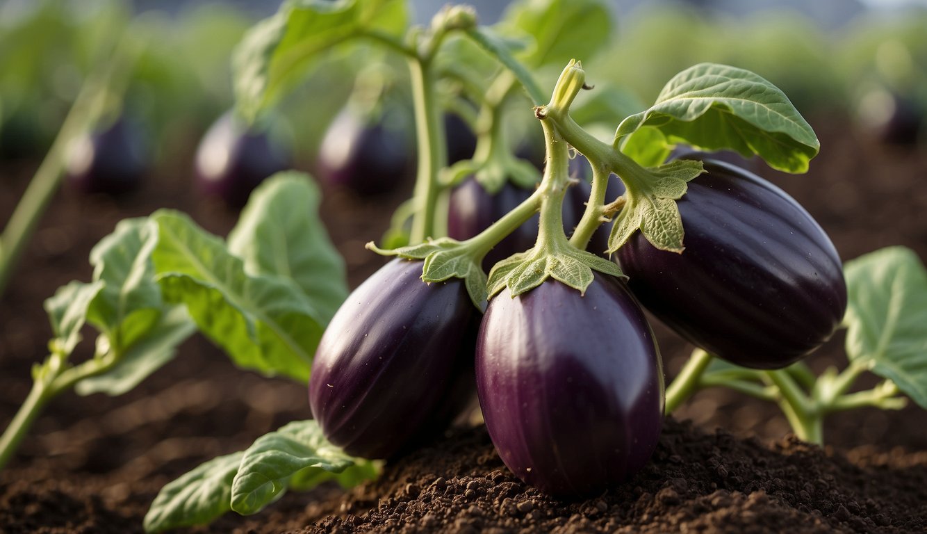 Eggplant seeds are planted in rich soil, watered regularly, and given plenty of sunlight. The plant grows for around 70-85 days before producing ripe eggplants