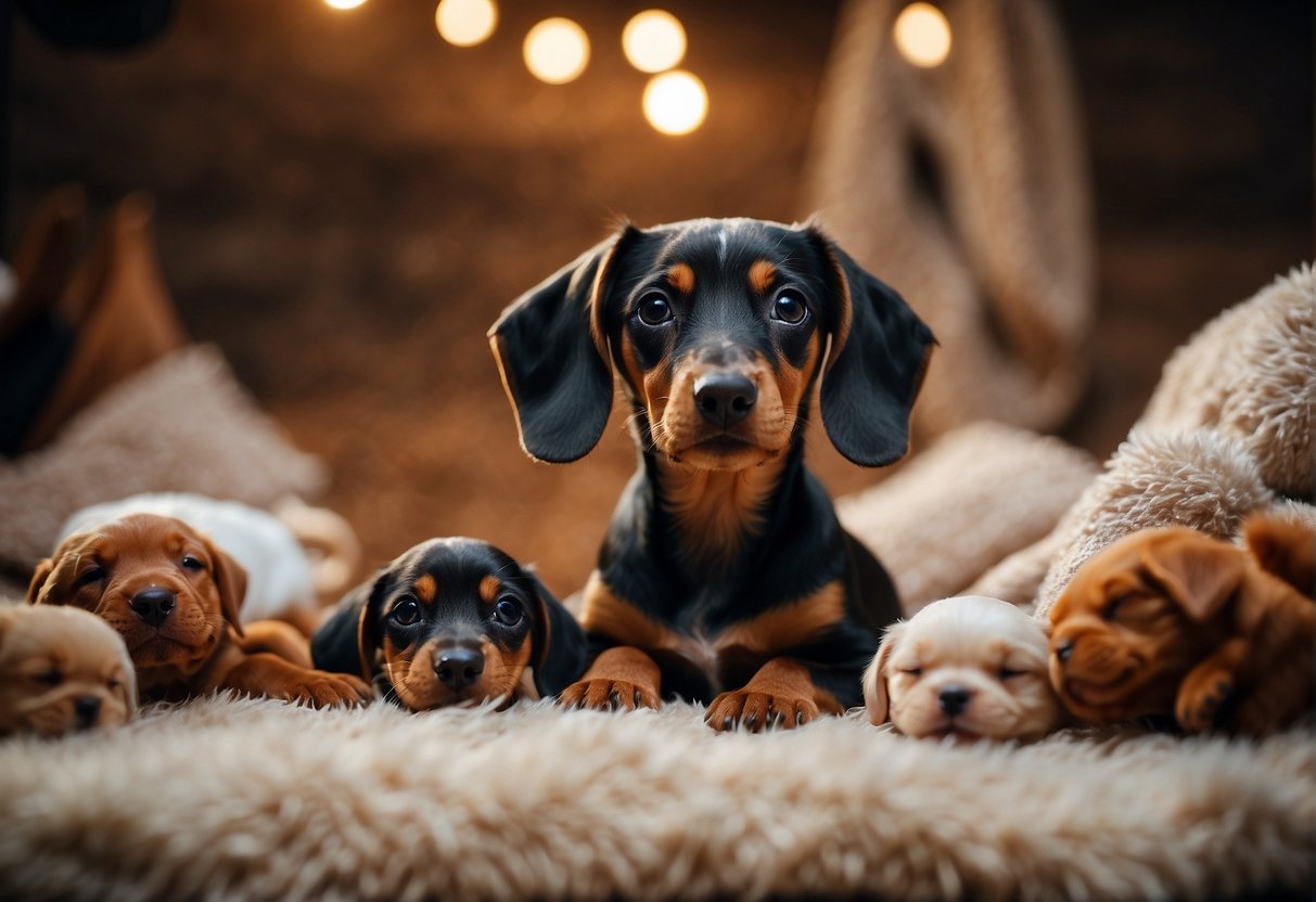 A teckel mother nursing a litter of puppies in a cozy den, surrounded by toys and blankets