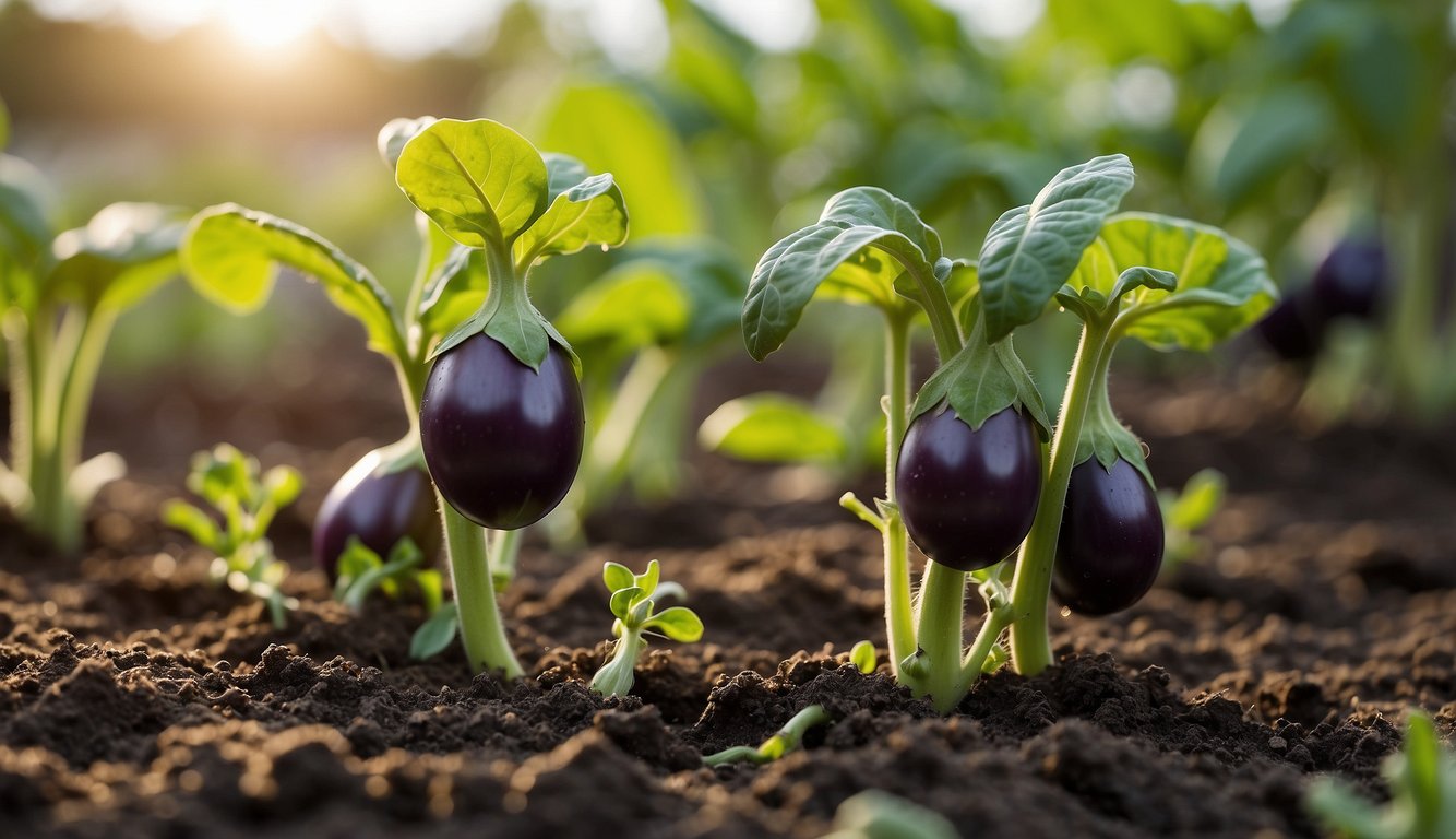 Lush eggplant plants thrive in rich soil under warm sun, with ample water and nutrients