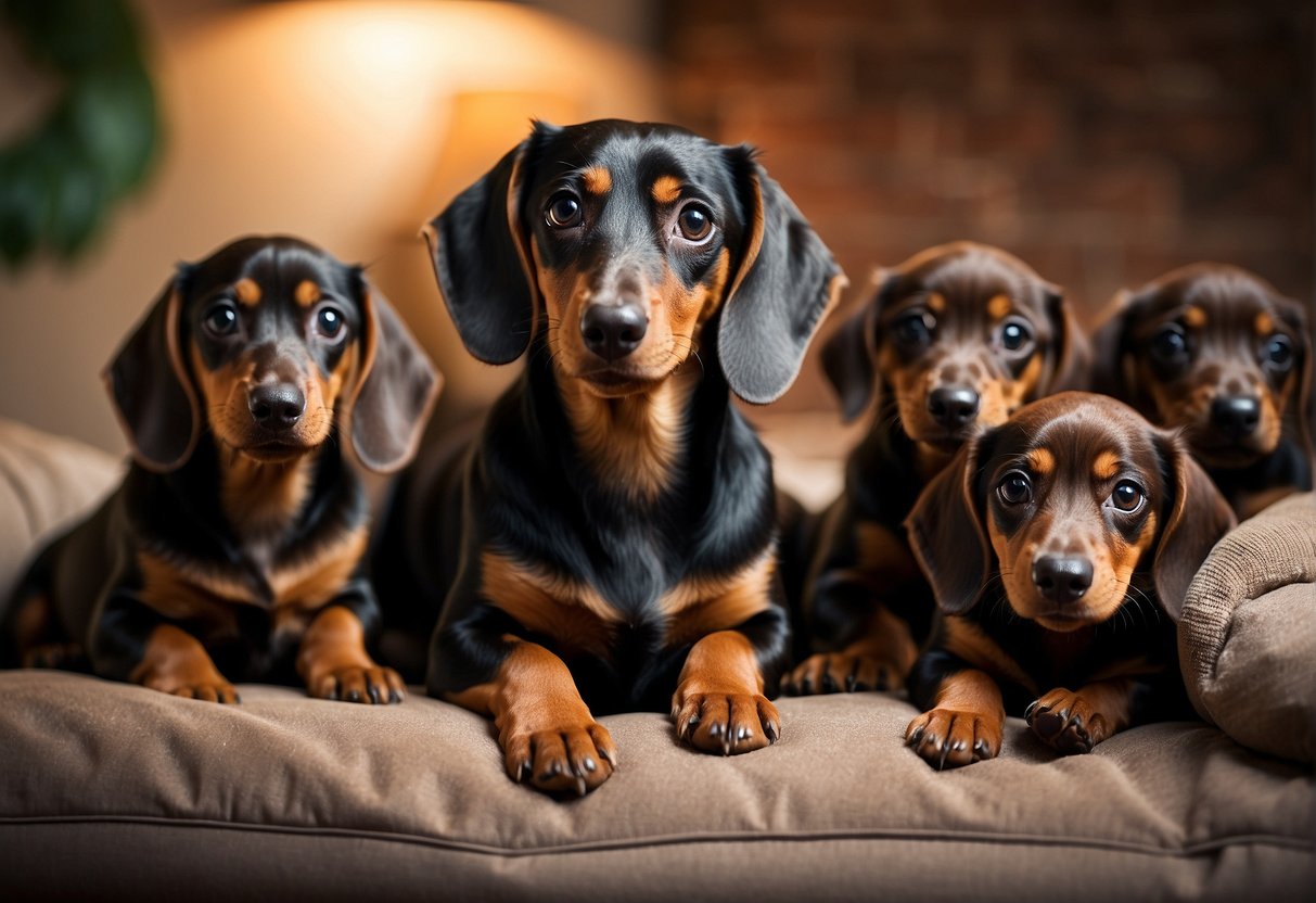 A dachshund with long body and short legs, caring for her litter of 4-6 puppies in a cozy den. The mother dog is attentive and gentle, while the puppies are small, playful, and adorable