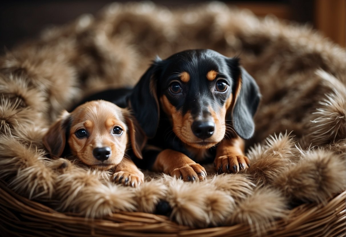 A dachshund with a litter of puppies, in a cozy nest