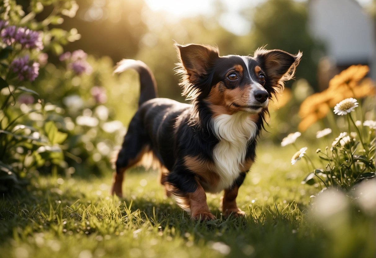 A Papillon-Dachshund mix plays in a sunny garden, chasing butterflies and wagging its tail
