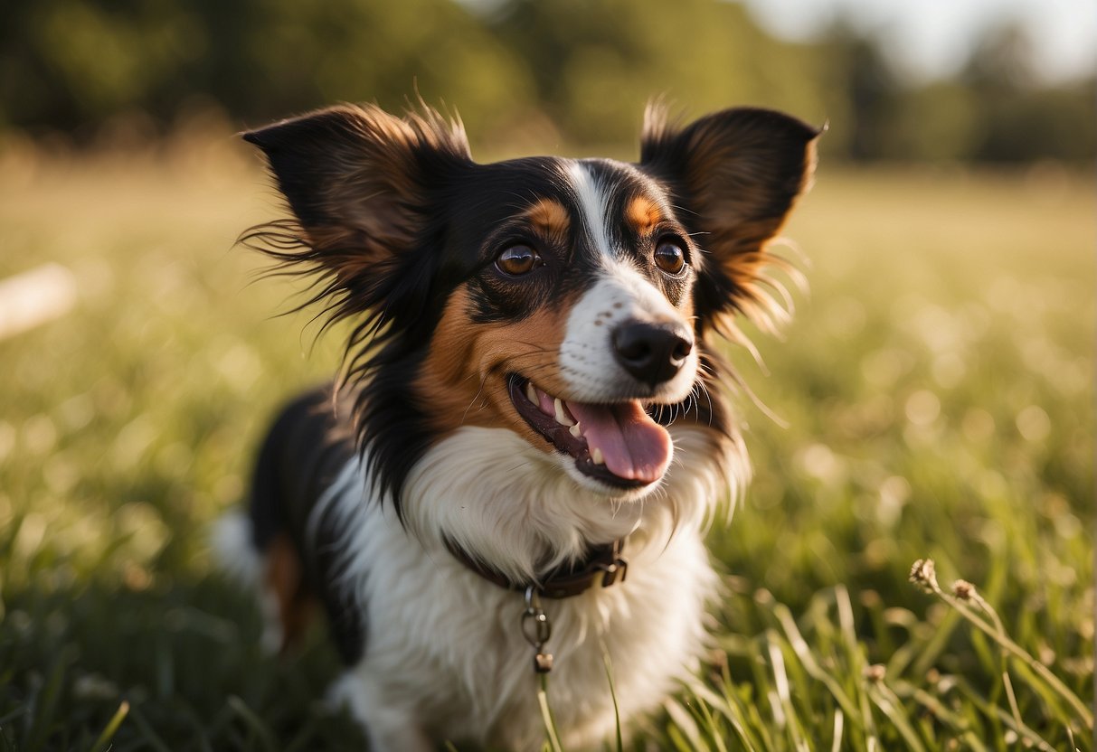 A lively Papillon Dachshund mix plays in a sunny meadow, exhibiting a friendly and energetic temperament. Their long, flowing coat glistens in the sunlight as they bound through the grass
