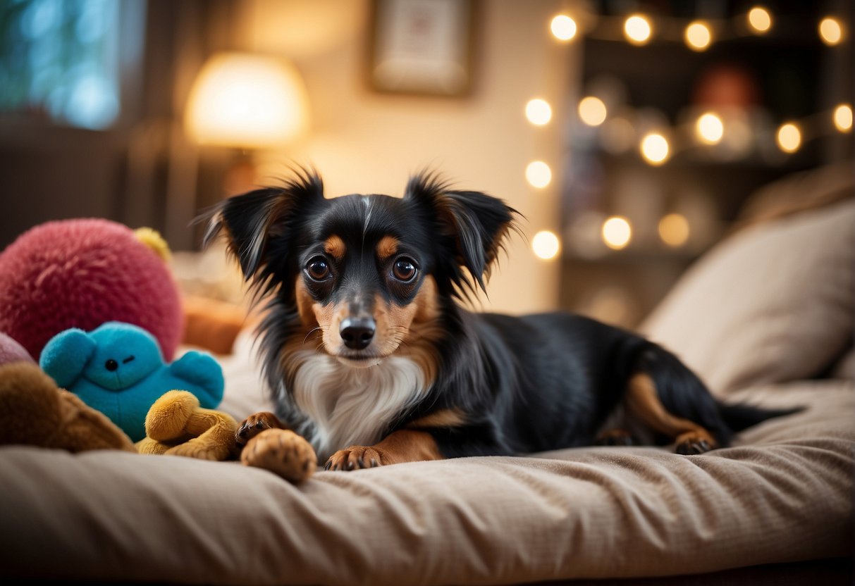 A Papillon-Dachshund mix lounges in a cozy bed, surrounded by toys and treats. A clock on the wall ticks away as the pup enjoys a life of comfort and care