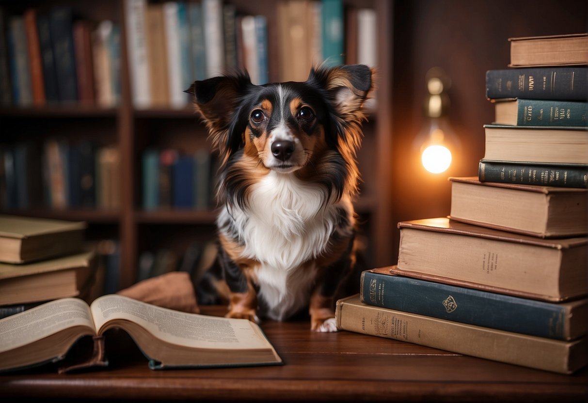 A Papillon-Dachshund mix dog sitting in a cozy corner, with a curious expression, surrounded by a stack of books labeled "Frequently Asked Questions."