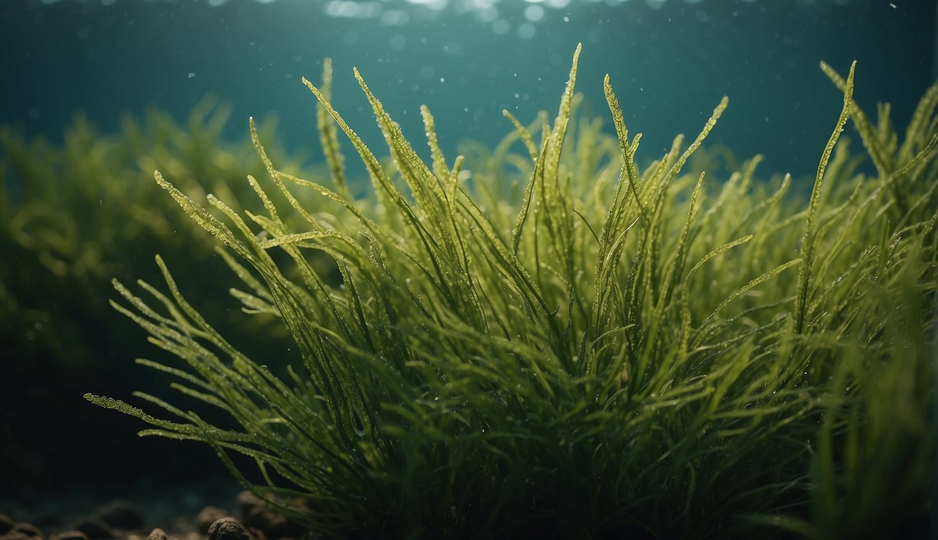 The seaweed sways gently in the current, with long, thin strands and a darker hue. The seagrass stands tall and straight, with broader leaves and a lighter green color