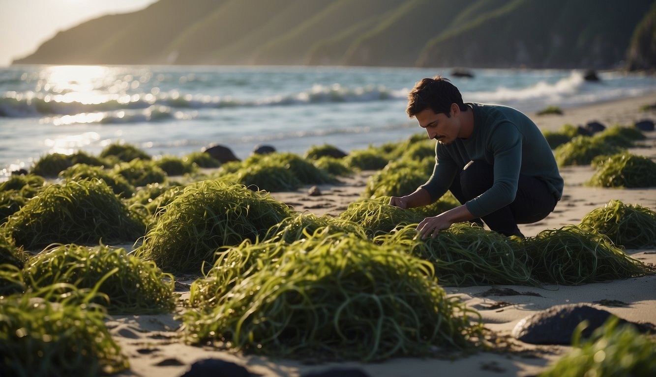 People gather seaweed and seagrass from the ocean, using them for various purposes like food, medicine, and crafts