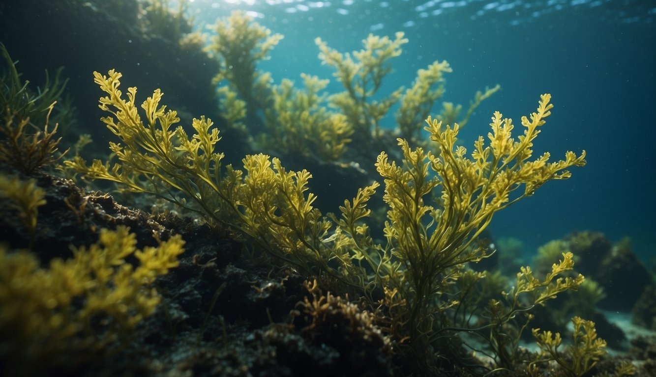 Seaweed and seagrass intertwine in an underwater dance, their vibrant colors creating a mesmerizing tapestry on the ocean floor