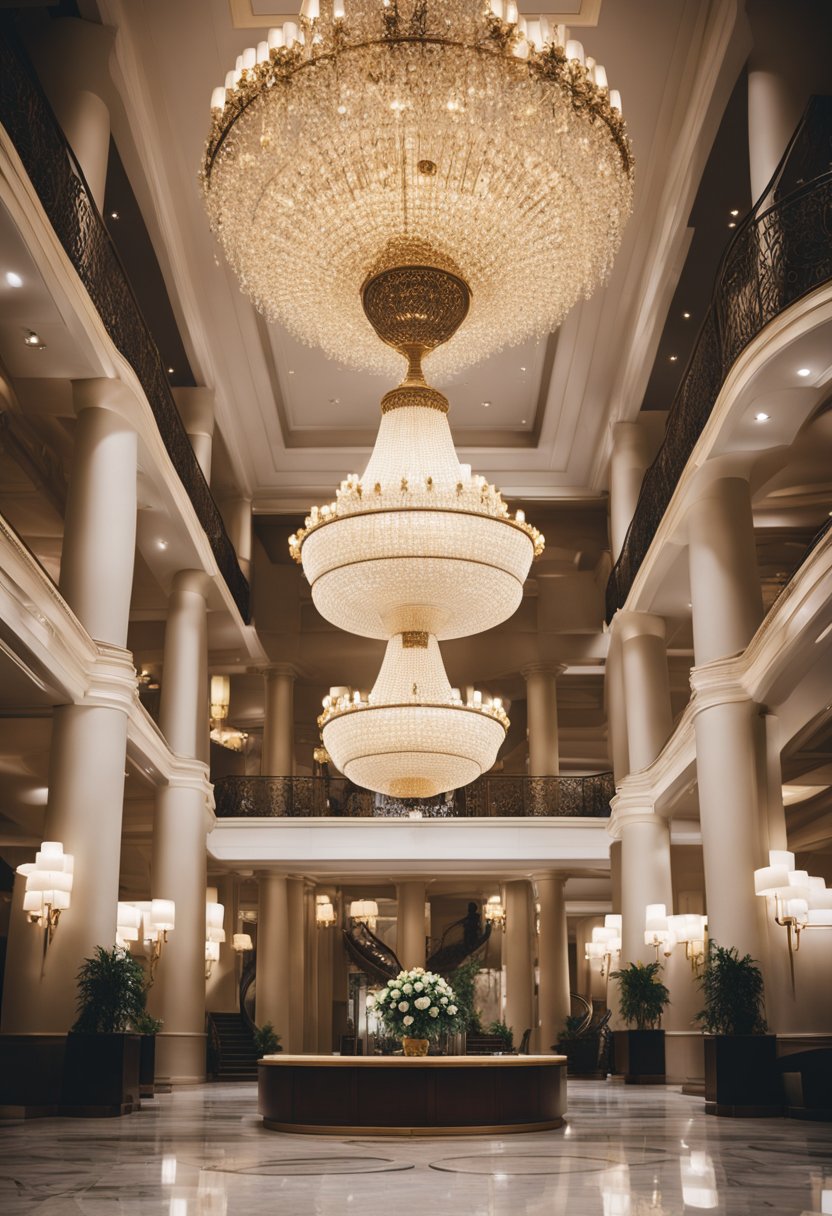 A grand, vintage hotel lobby with ornate chandeliers, marble floors, and elegant furnishings. The space exudes timeless charm and sophistication, making it an ideal wedding venue