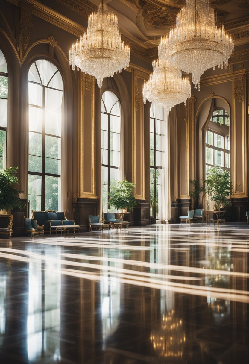 A grand ballroom with crystal chandeliers, ornate gold trim, and floor-to-ceiling windows overlooking a lush garden and sparkling fountain