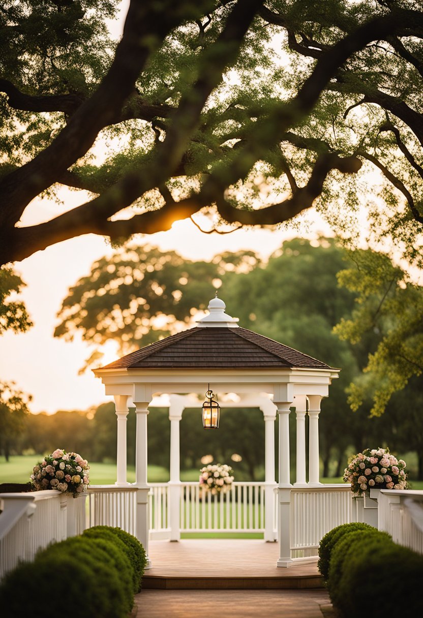 The sun sets over the lush green fairways of Ridgewood Country Club, casting a warm glow on the elegant white gazebo and blooming floral arrangements, making it one of the 10 best wedding venues in Waco