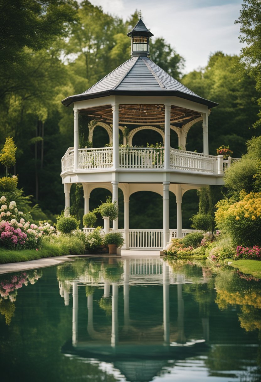 A picturesque outdoor wedding venue with a gazebo, surrounded by lush greenery and blooming flowers, overlooking a serene lake