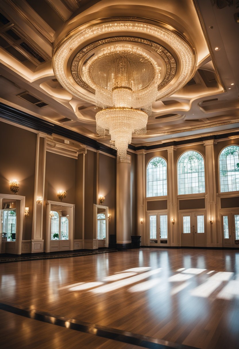 The grand Phoenix Ballroom features elegant chandeliers, ornate molding, and a spacious dance floor, making it one of the top wedding venues in Waco