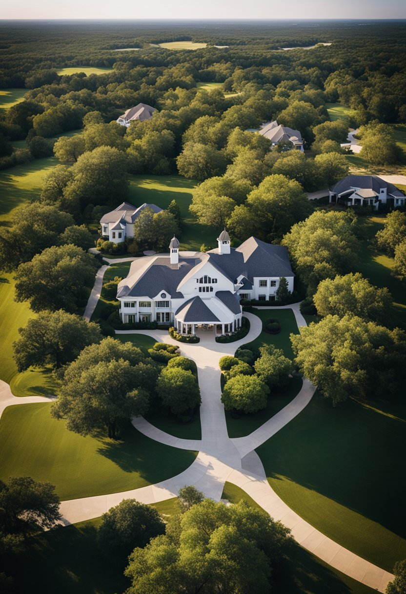 Aerial view of Deerfield Estates, showcasing the 10 best wedding venues in Waco with elegant architecture and picturesque landscapes