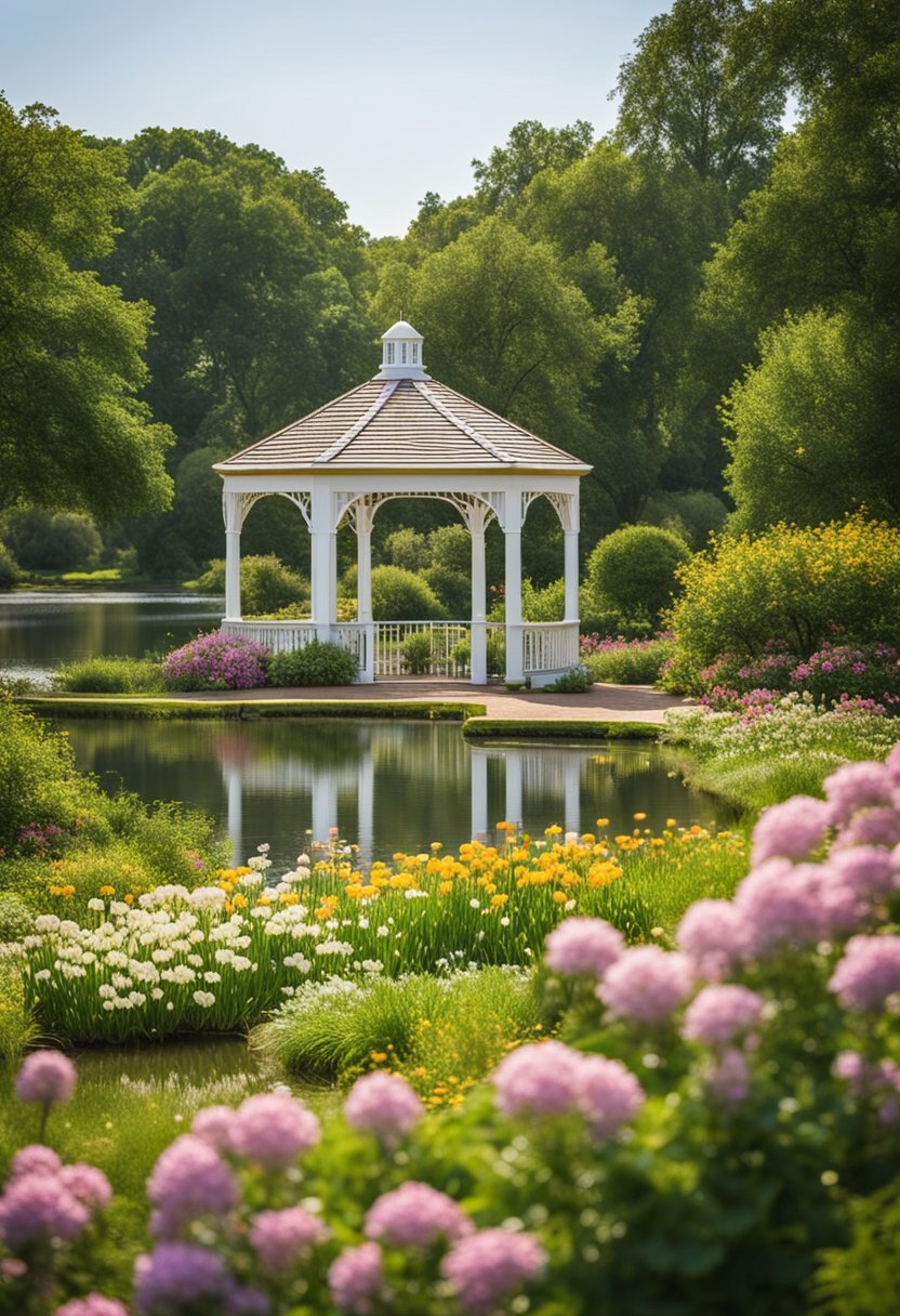 A picturesque garden with a gazebo, surrounded by blooming flowers and lush greenery. A serene lake reflects the clear blue sky, creating a tranquil setting for a Waco wedding