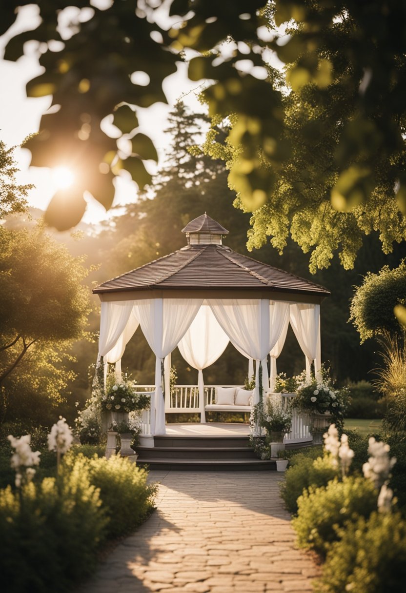 A picturesque outdoor wedding venue with lush greenery, a charming gazebo, and elegant seating arrangements. The sun sets in the background, casting a warm glow over the scene