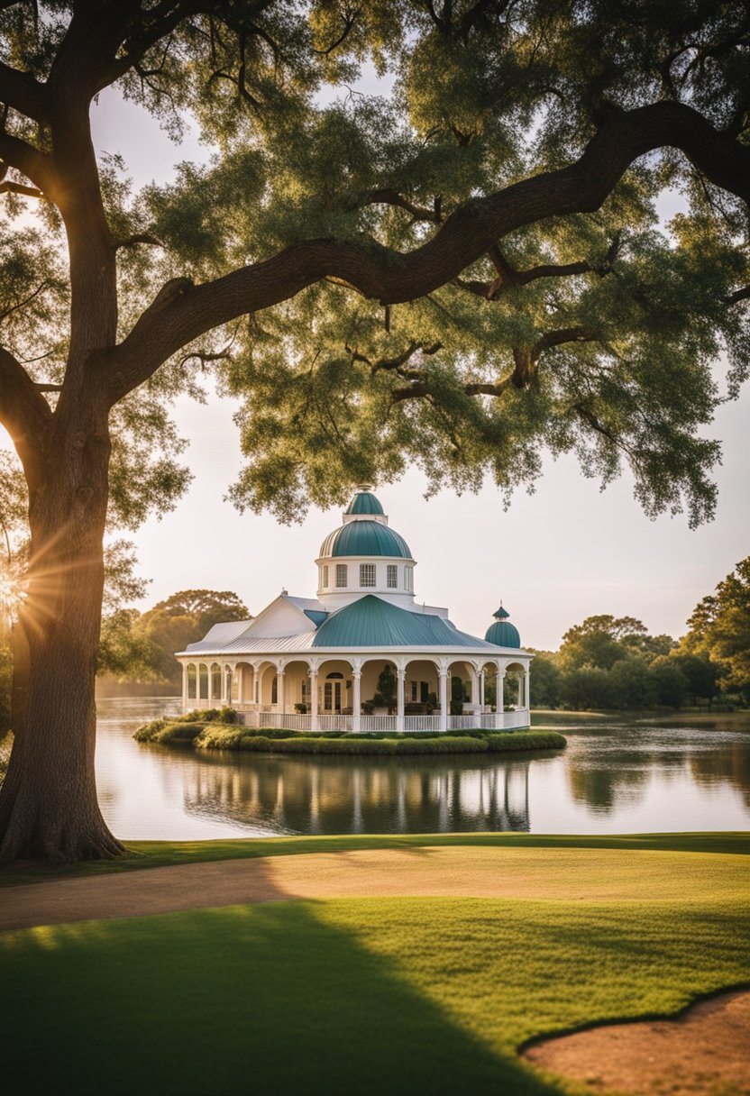 A picturesque landscape with a variety of elegant wedding venues in Waco, featuring lush gardens, charming chapels, and stunning waterfront locations