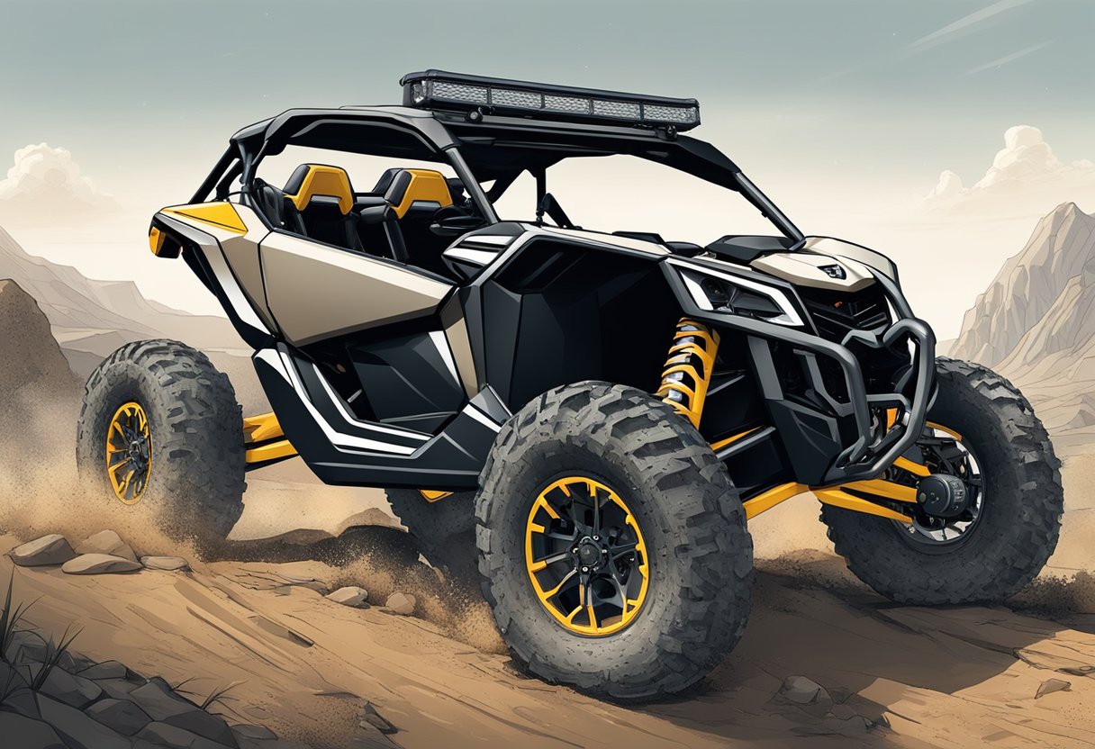 A Can-Am X3 with a winch attached, set against a rugged off-road terrain with rocky obstacles and mud