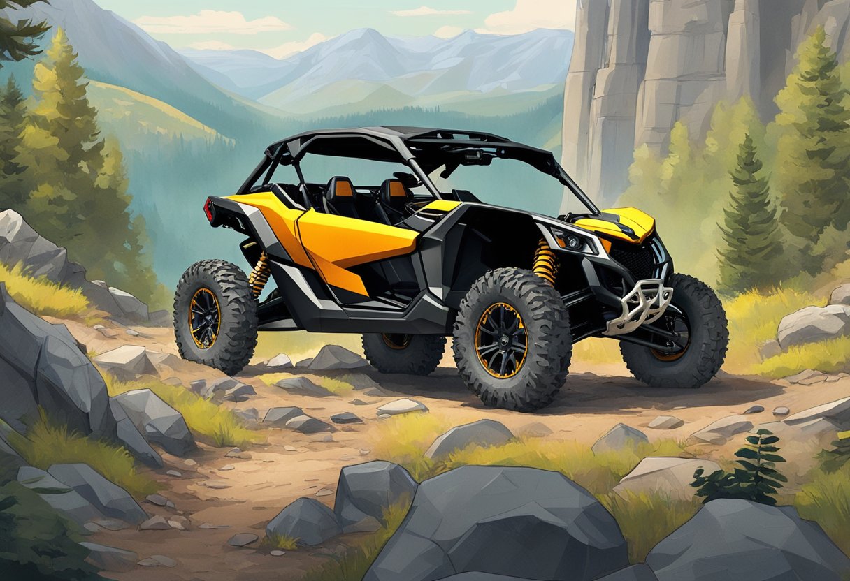 A Can-Am X3 off-road vehicle with winch accessories is parked on a rugged trail, surrounded by rocky terrain and dense foliage