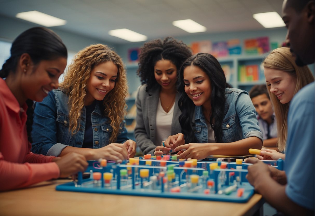 A diverse group of students engaged in hands-on learning activities in a modern classroom setting with colorful educational materials and technology