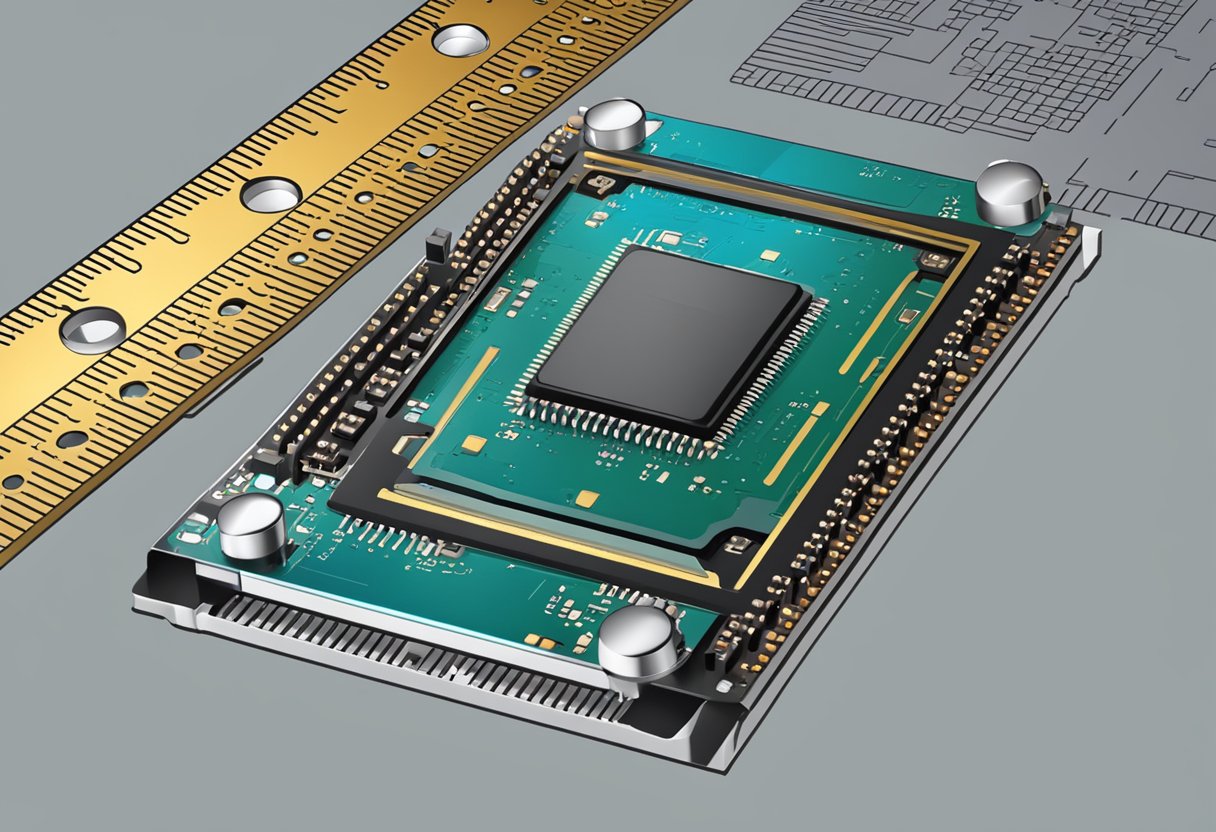 A computer chip with a clock and a ruler measuring its speed