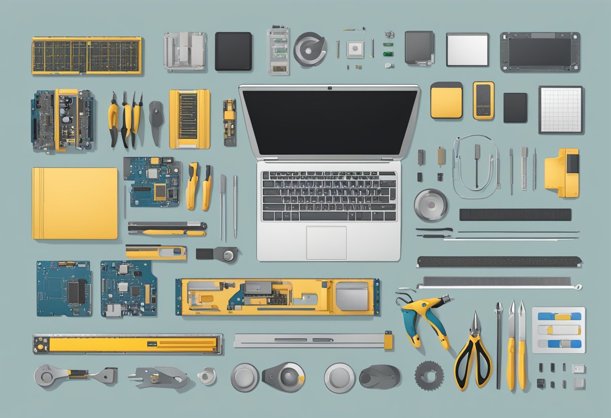 A table with computer parts laid out, tools nearby. Instructions and components organized, ready for assembly