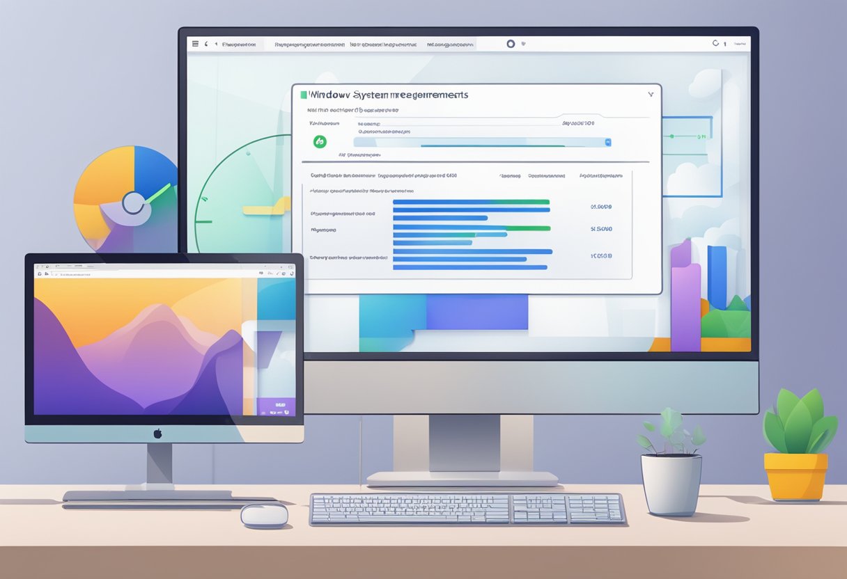 A computer screen displaying "System Requirements and Preparation" for Windows 11 upgrade. A progress bar indicates the time remaining for the upgrade process
