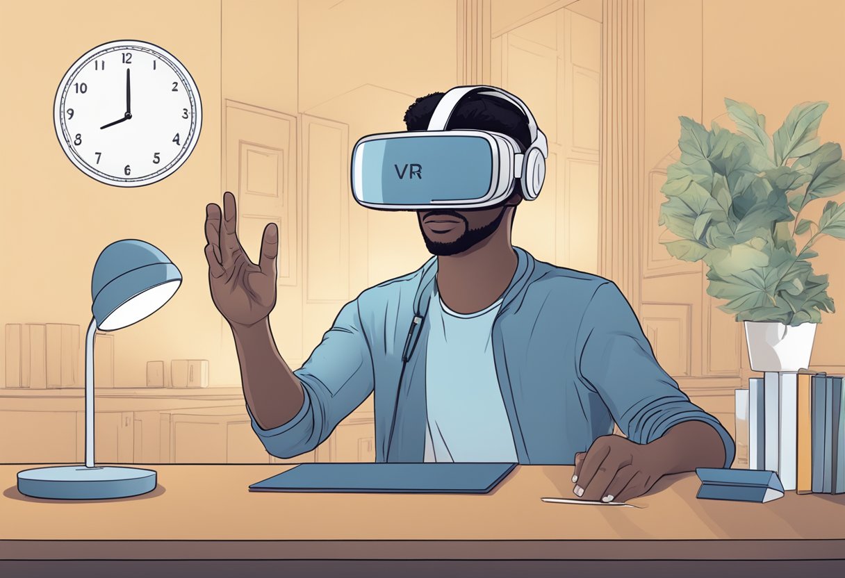 A person wearing a VR headset for an extended period, with a timer or clock nearby indicating the recommended usage time