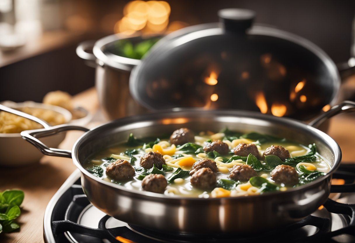 A steaming pot of Italian Wedding Soup simmers on the stove, filled with tender meatballs, vibrant spinach, and tiny pasta. A fragrant aroma fills the cozy kitchen, as steam rises from the pot