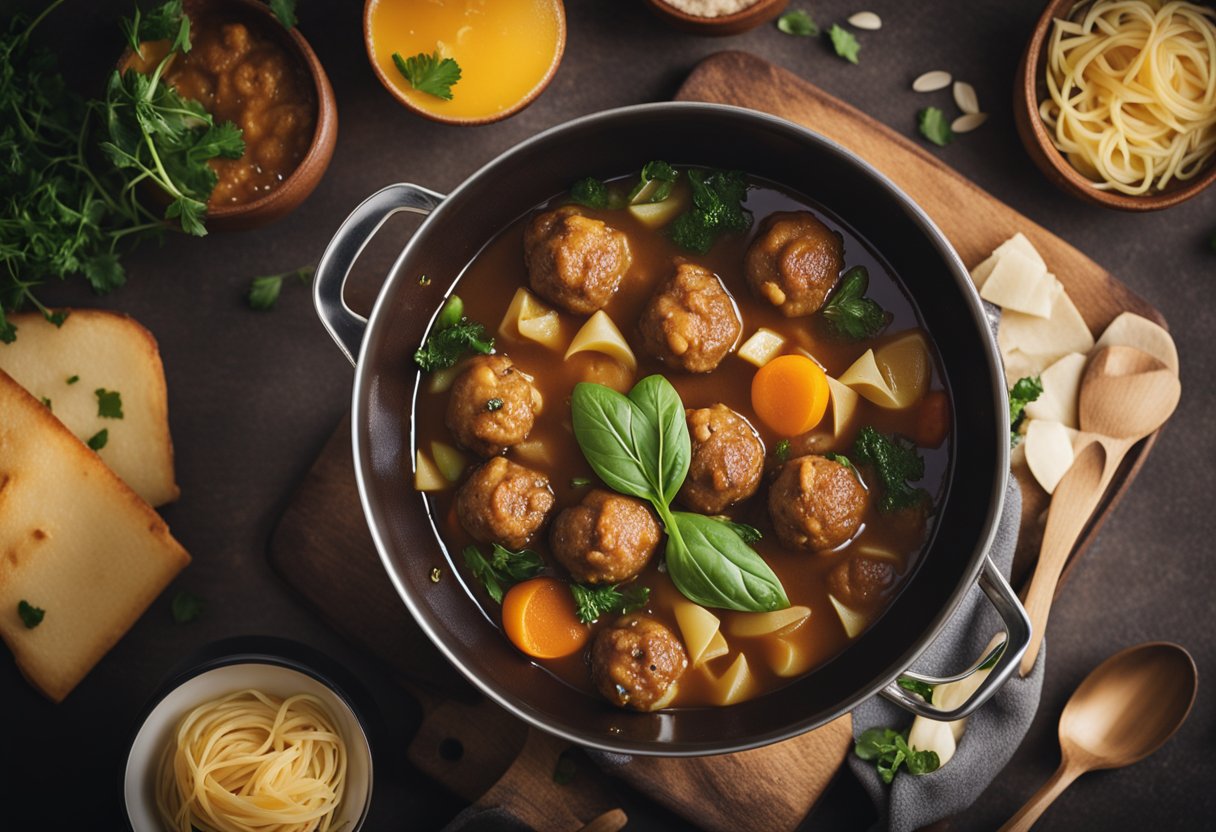 A pot of simmering broth with meatballs, pasta, and vegetables. A ladle hovers over the steaming soup, ready to serve