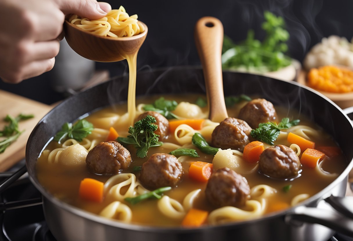 A pot simmering on the stove with broth, meatballs, pasta, and vegetables. A wooden spoon stirs the soup as steam rises from the pot