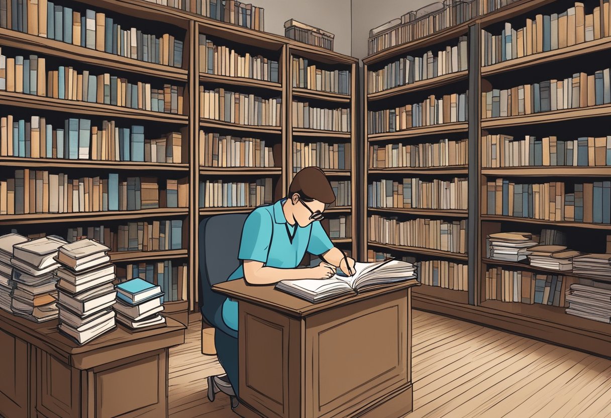 A nursing student studying textbooks and taking notes in a quiet library, surrounded by shelves of medical and humanities books