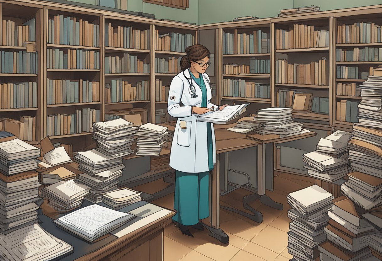 A nurse reviews medical charts while surrounded by books on humanities