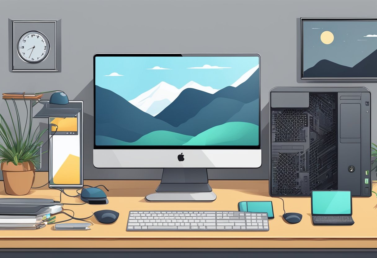 A well-maintained desktop lasts 5-8 years. Show a clean, modern computer on a desk, surrounded by peripherals and cables