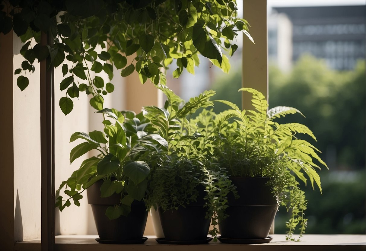 Lush green plants on a balcony shielded by a canopy from the harsh sun