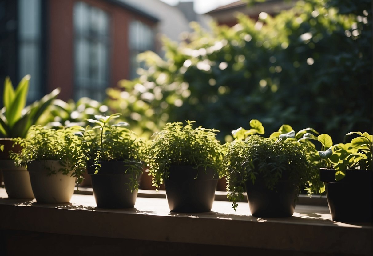 Lush green plants casting shadows on a sunny balcony garden