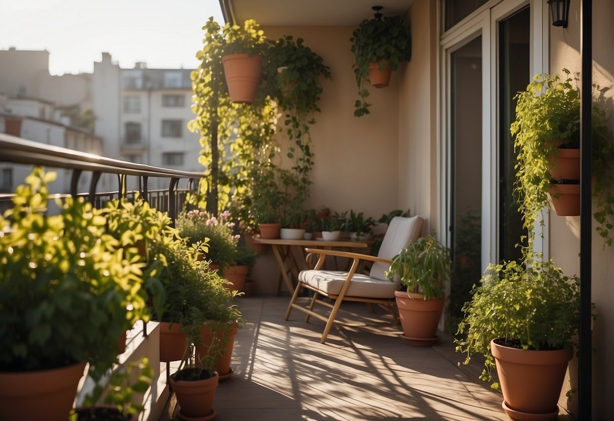 A balcony garden with a retractable awning, potted plants, and a trellis with climbing vines, shielding from the sun