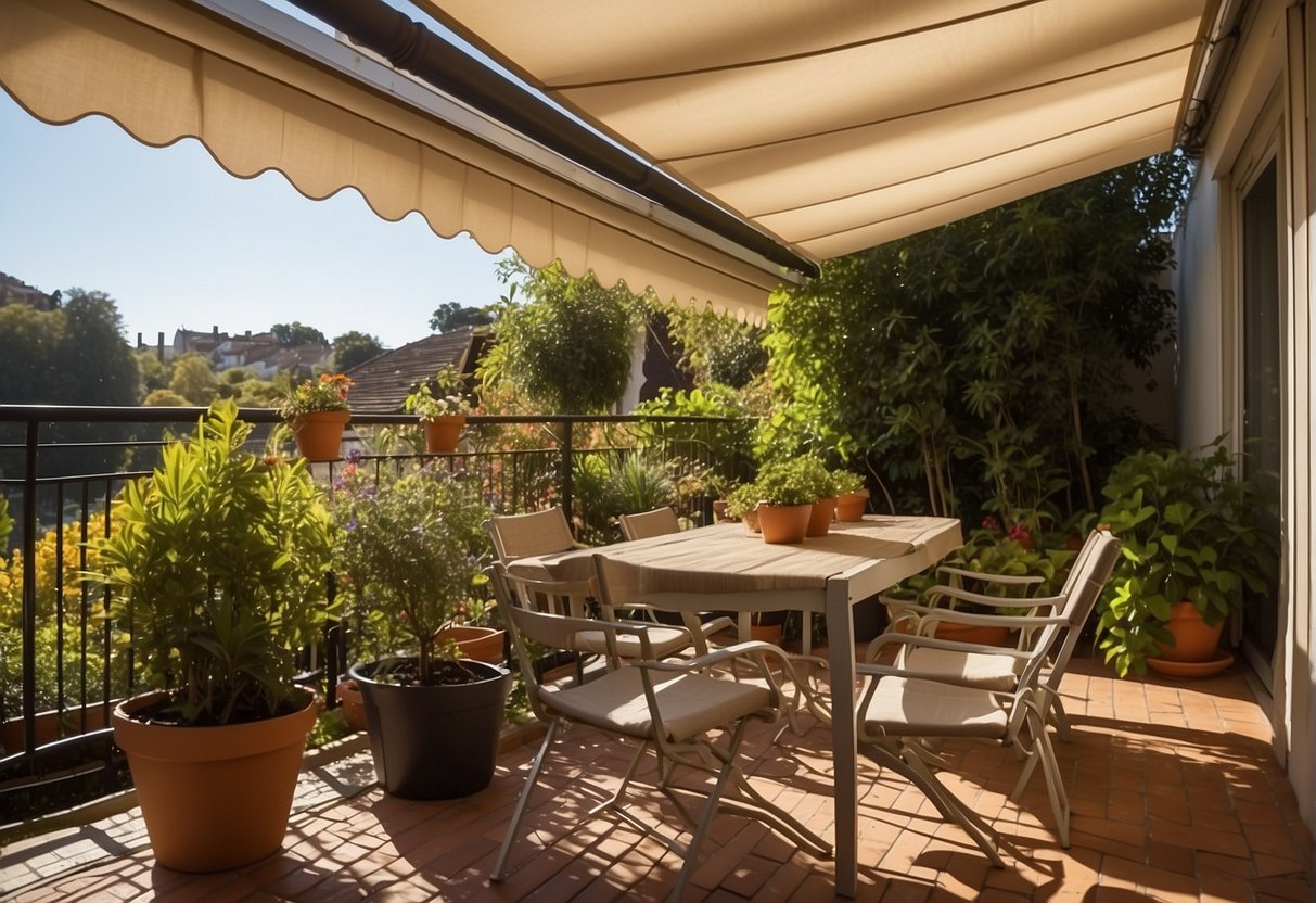 A retractable awning extends over a lush balcony garden, providing shade from the intense sun