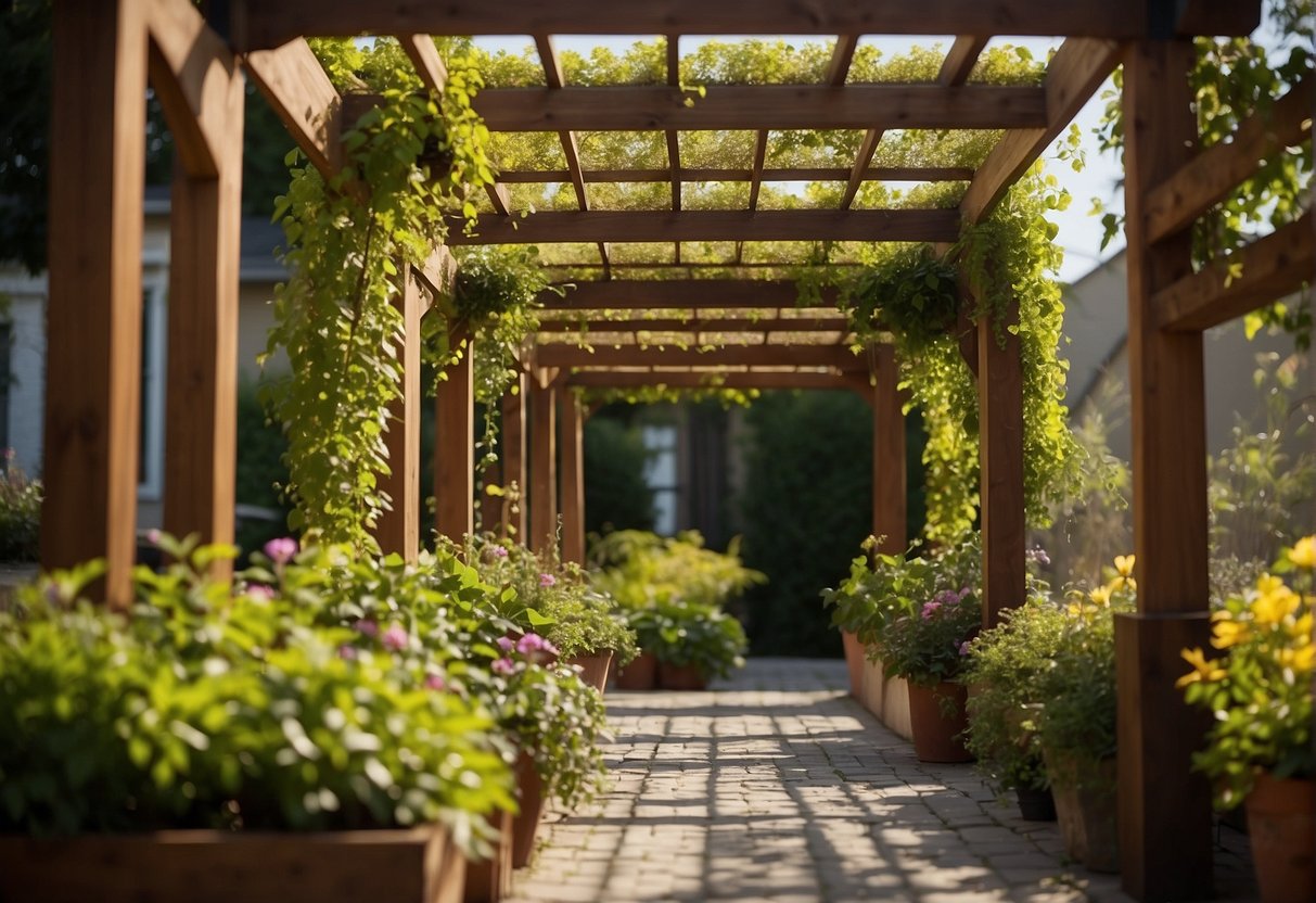 A wooden pergola with lattice panels provides shade for potted plants. Hanging baskets and trellises with climbing vines adorn the edges