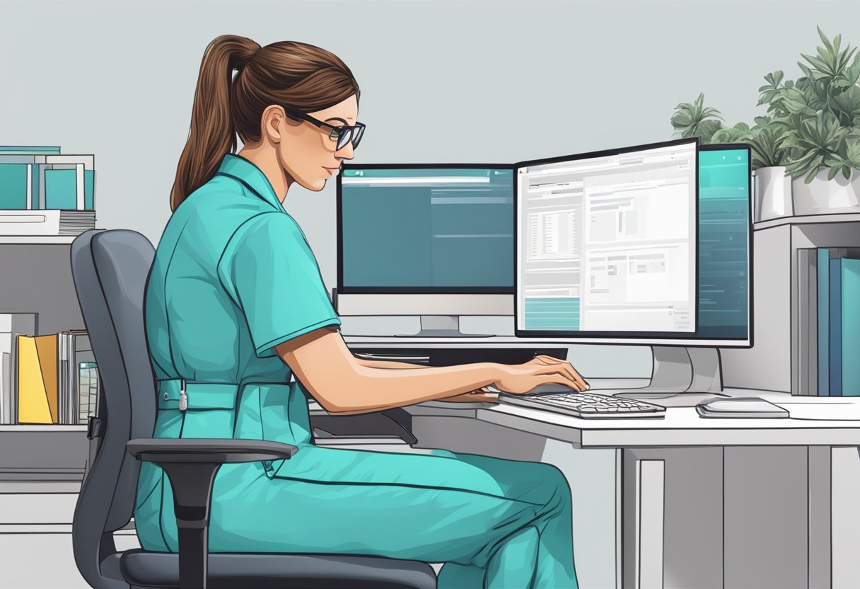 A nurse practitioner sitting at a computer, designing a website