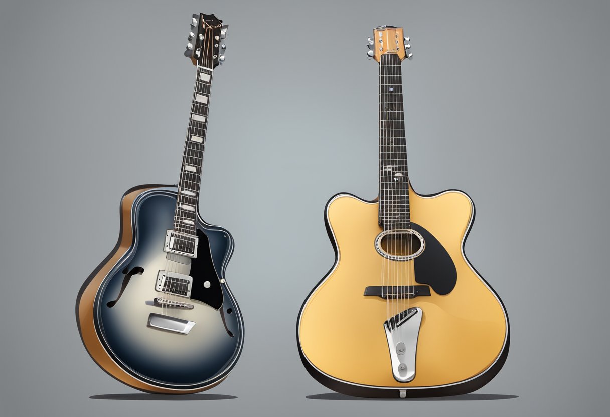 An electric guitar and an acoustic guitar side by side, with their unique features highlighted for comparison