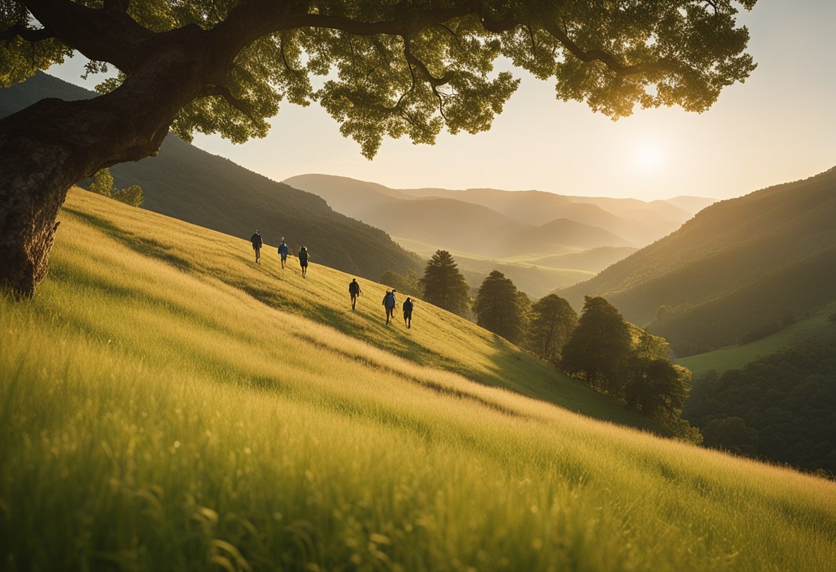 A group of hikers trek through rolling hills, passing by lush green meadows and towering limestone cliffs. The sun casts a warm glow over the landscape, as a gentle breeze rustles through the trees