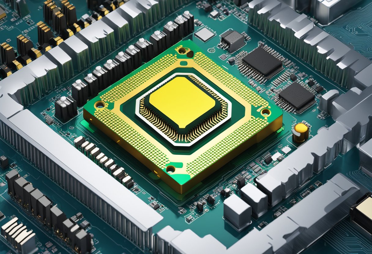 The CPU sits on a motherboard, receiving electrical current from the power supply. Voltage regulators control the amount of voltage supplied to the CPU, ensuring it remains within safe operating limits