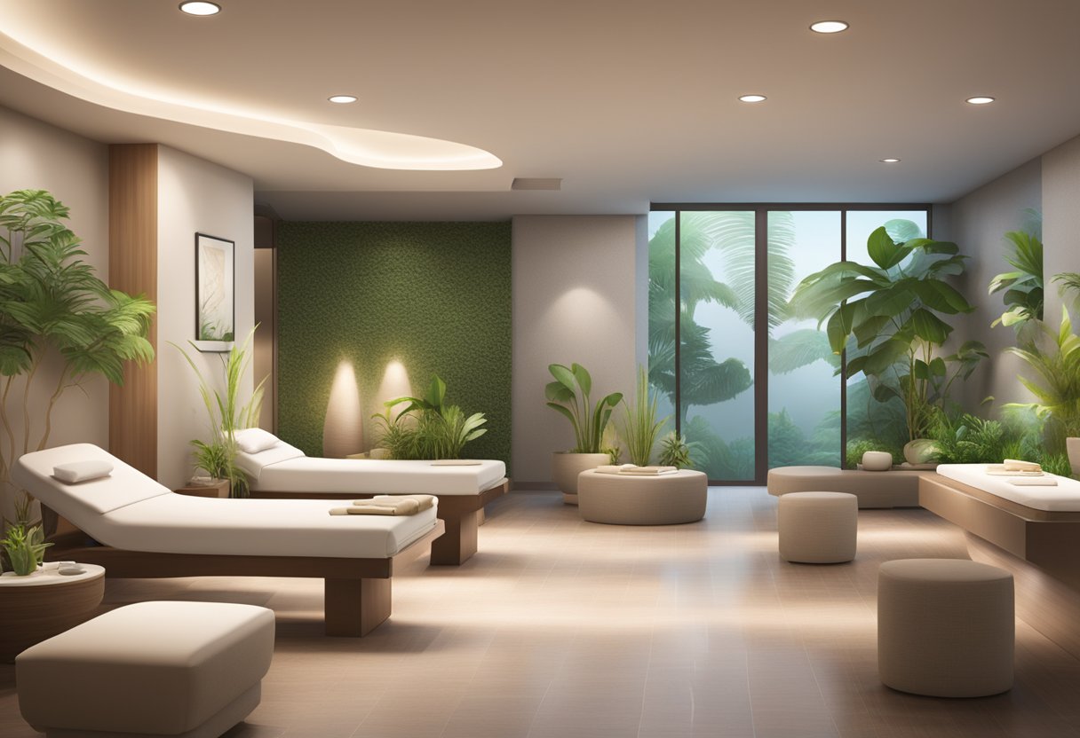 A serene spa setting with sleek, modern decor. Soft lighting and lush greenery create a tranquil atmosphere. A computer screen displays "Medspa Pay Per Click" with a calming color scheme