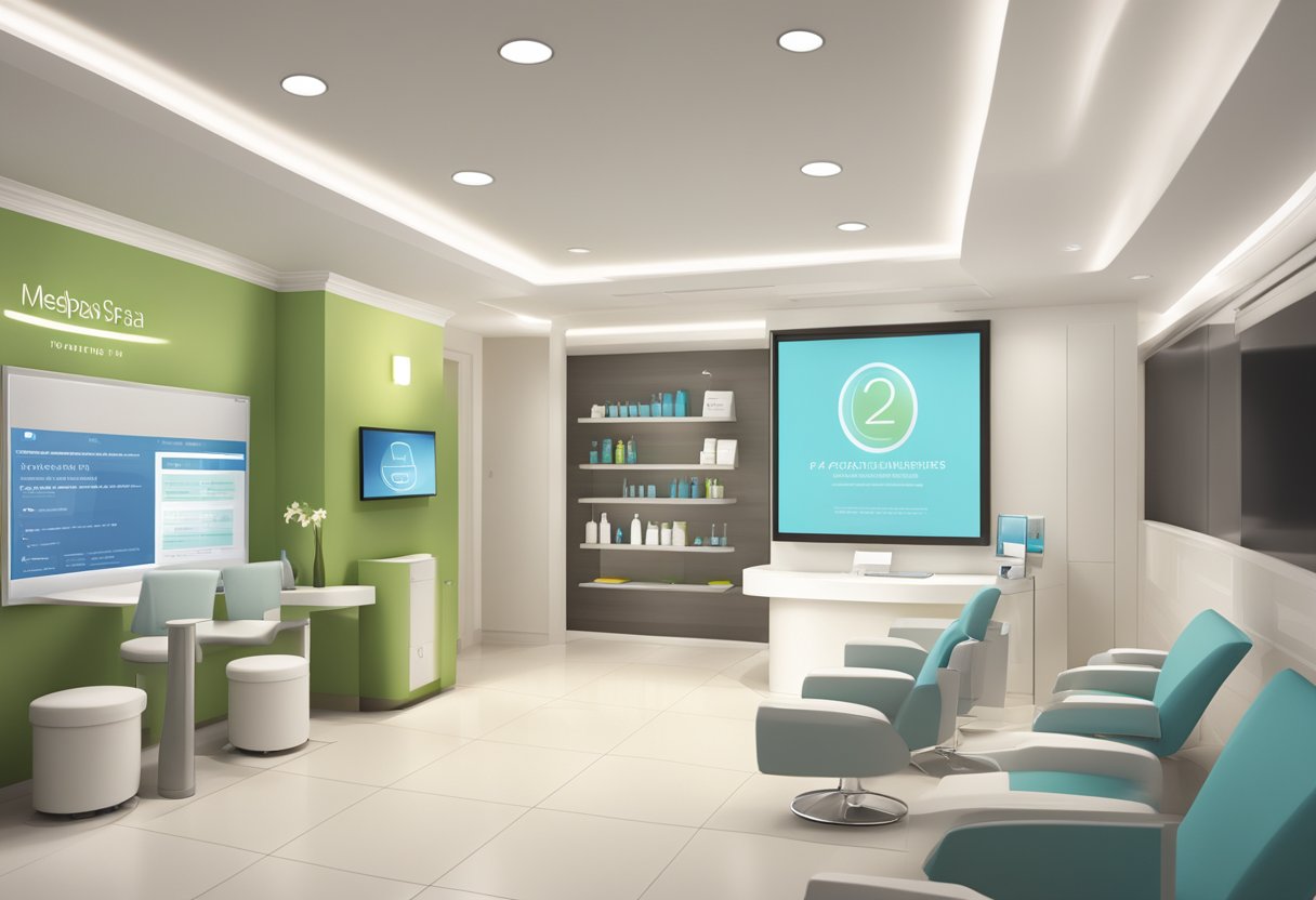 A sleek, modern medspa with a prominent "PPC Fundamentals" sign. Clean, minimalist decor and a professional atmosphere. A computer screen displaying pay-per-click advertising data